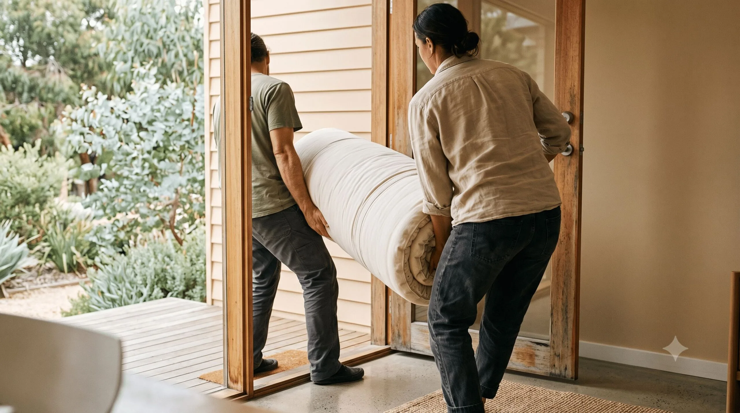 Latex mattress weight being carried through a doorway